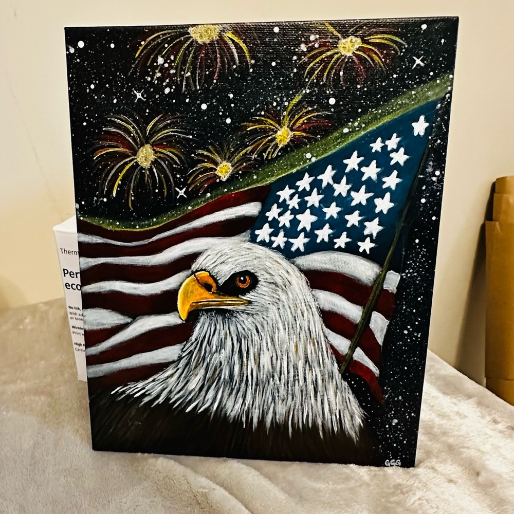 Patriotic Eagle Painting with American Flag - Red, White, Blue Size 8 X 10 panel